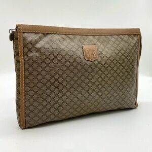 Auth Vintage Celine Macadam Pattern Crystal Leather Brown Clutch Bag